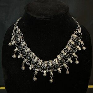 Vintage Oxidized Silver Tone Gypsy Bib Cocker Necklace With Black Onyx Sz 18”